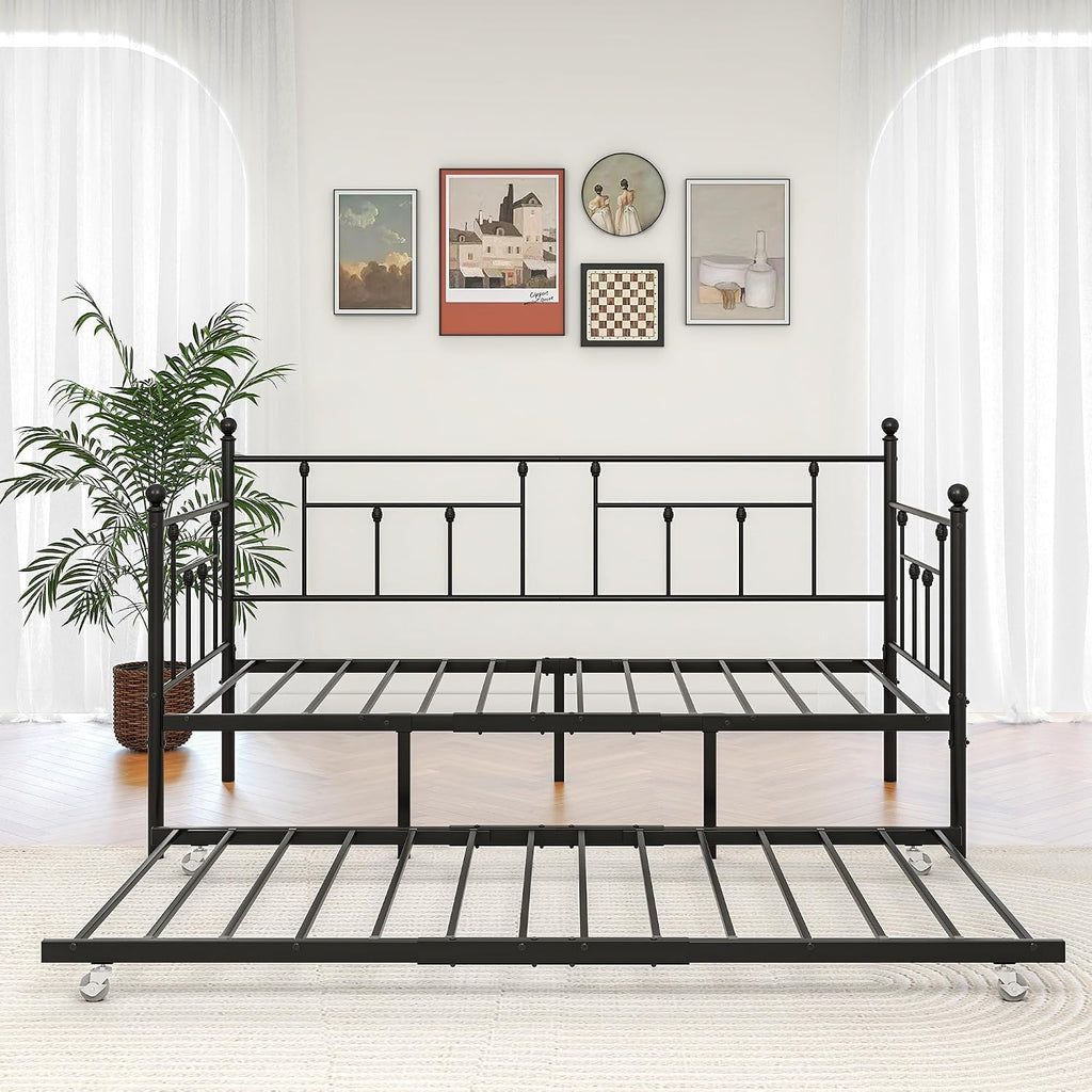 Weehom Twin Daybed with Trundle Set, Twin Size Day Bed Sofa Metal Frame, Daybed and Roll Sofa Bed for Guest Room, Bedroom, Living Room, Black