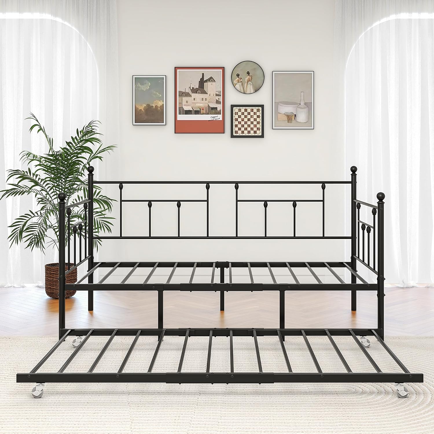 Weehom Twin Daybed with Trundle Set, Twin Size Day Bed Sofa Metal Frame, Daybed and Roll Sofa Bed for Guest Room, Bedroom, Living Room, Black