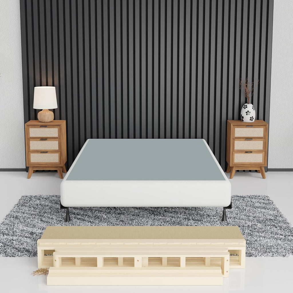 Nutan, 8-Inch Sturdy Box Spring for Mattress Support-Durable and Easy to Assemble Natural Wood Foundation for Full, White