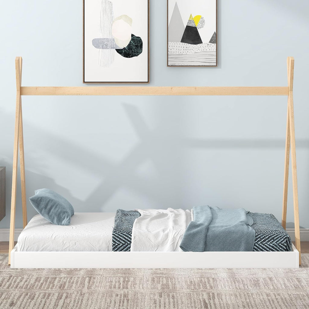 Twin Size Tent Floor Bed with Triangle Structure, Wood Floor Bed Frame, Twin Size Montessori Bed Playhouse House Platform Bed with X-Shaped Safety Railings for Kids Boys Girls (White+Natural & Twin)