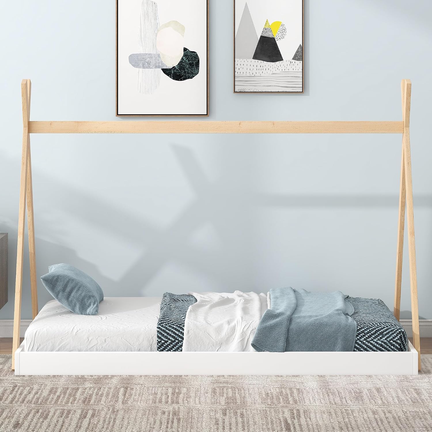 Twin Size Tent Floor Bed with Triangle Structure, Wood Floor Bed Frame, Twin Size Montessori Bed Playhouse House Platform Bed with X-Shaped Safety Railings for Kids Boys Girls (White+Natural & Twin)