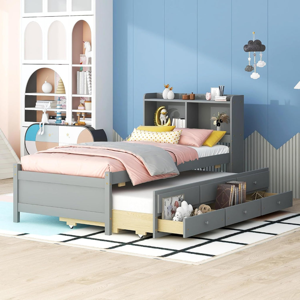 KEVINSPACE LED Bed Frame Twin Captains Bed Storage Daybed with Trundle Set, USB,Type-C Ports,LED Light Bed, Twin Size Beds Wooden Platform Bed with 3 Drawers and Bookcase Headboard Bedroom Grey