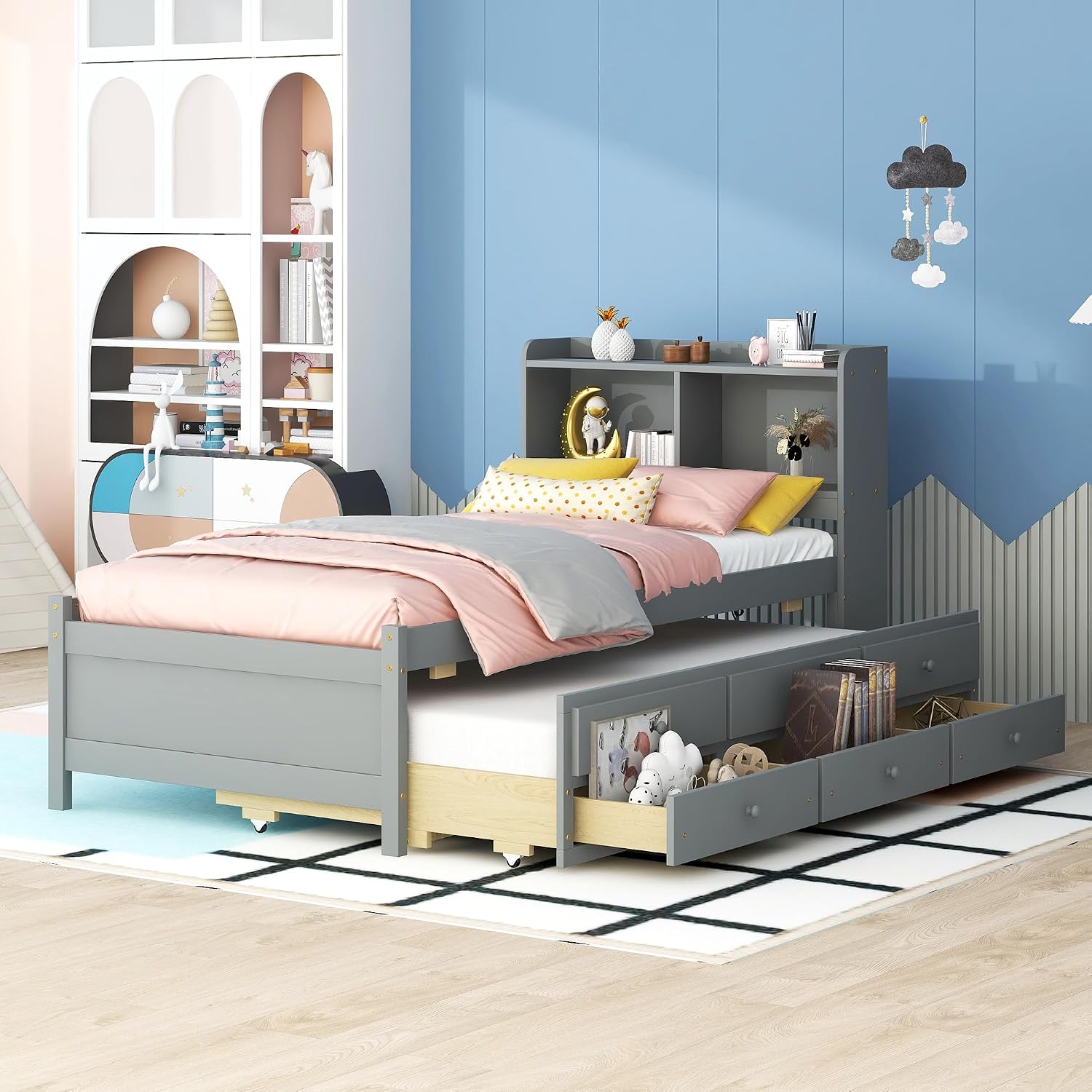 KEVINSPACE LED Bed Frame Twin Captains Bed Storage Daybed with Trundle Set, USB,Type-C Ports,LED Light Bed, Twin Size Beds Wooden Platform Bed with 3 Drawers and Bookcase Headboard Bedroom Grey