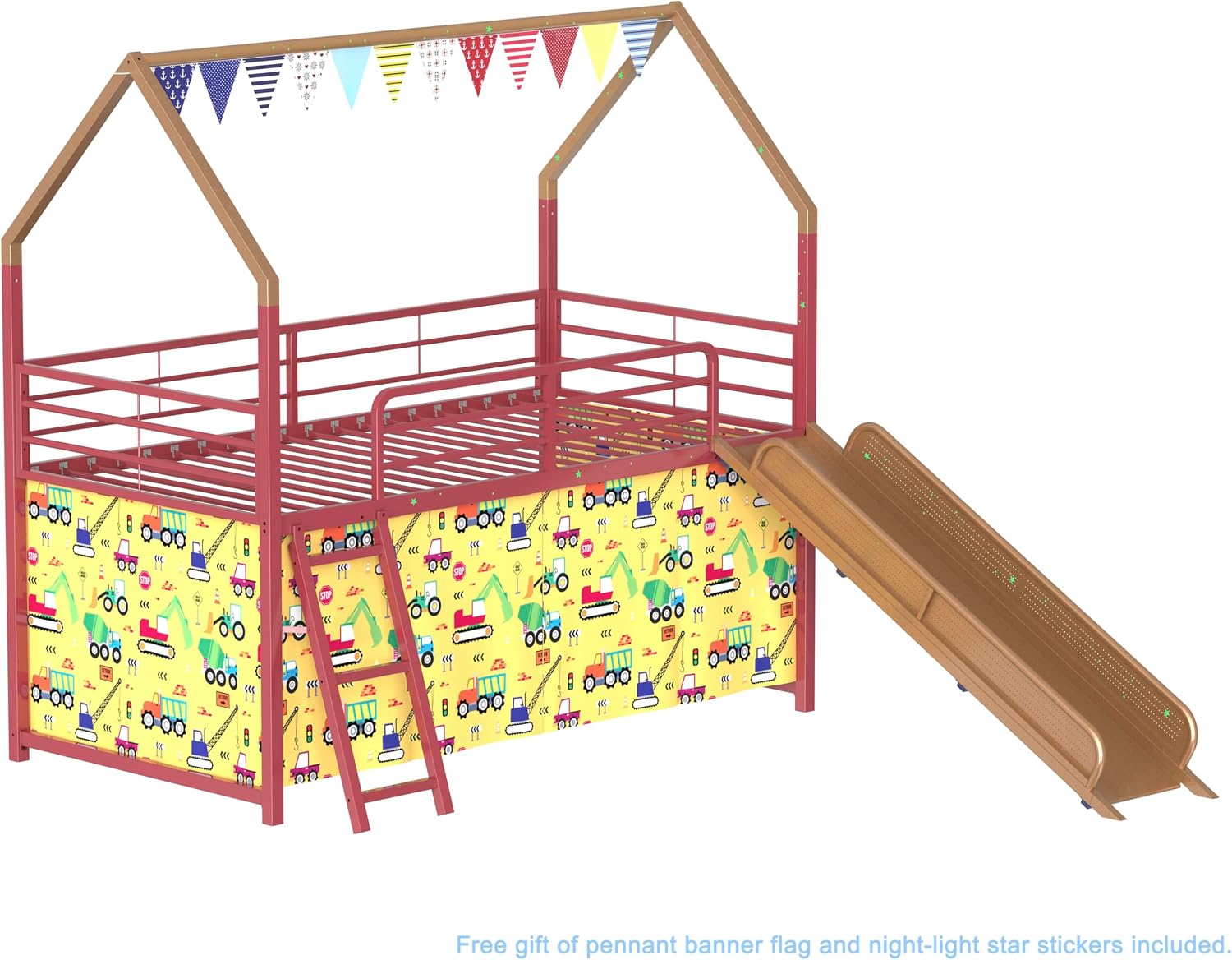Jack Metal Junior House Twin Loft Bed with Slide and Curtain Set Gold 76.69' W x 97.83' L x 74.65' H