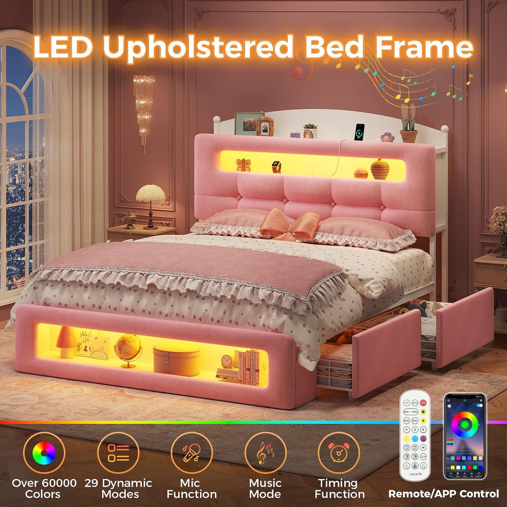 UPOSOJA Full Size Upholstered Platform Bed Frame with 2 Drawers LED Lighting, Storage Headboard and Footboard, Remote/App Control, No Box Spring Needed,Pink,(Full)