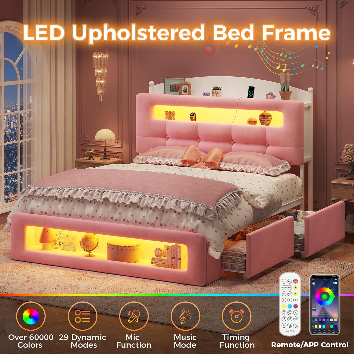 UPOSOJA Full Size Upholstered Platform Bed Frame with 2 Drawers LED Lighting, Storage Headboard and Footboard, Remote/App Control, No Box Spring Needed,Pink,(Full)