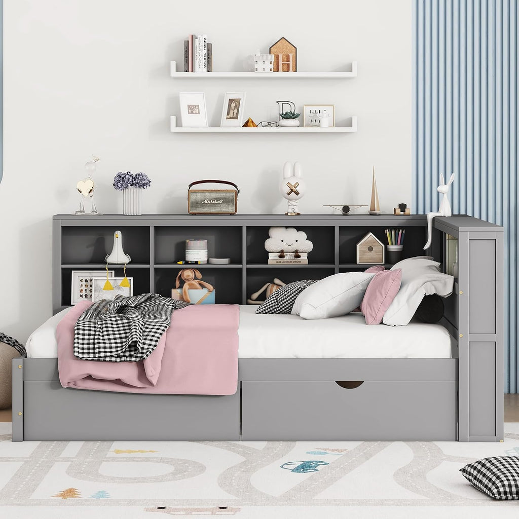 Full Size Daybed with 2 Drawers,Minimalist Wooden Sofa Bed Frame with Storage Shelf and USB Charging Ports for Bedroom, Studyroom, Guestroom, Livingroom (Grey-WD54)