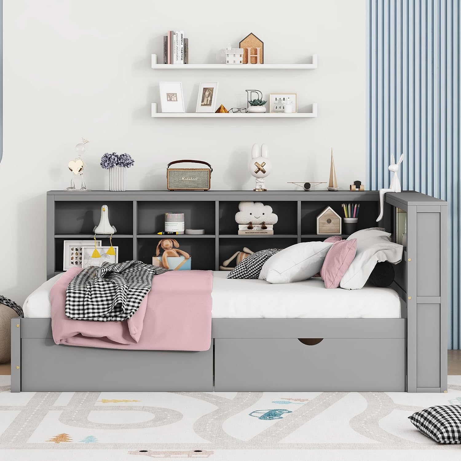 Full Size Daybed with 2 Drawers,Minimalist Wooden Sofa Bed Frame with Storage Shelf and USB Charging Ports for Bedroom, Studyroom, Guestroom, Livingroom (Grey-WD54)
