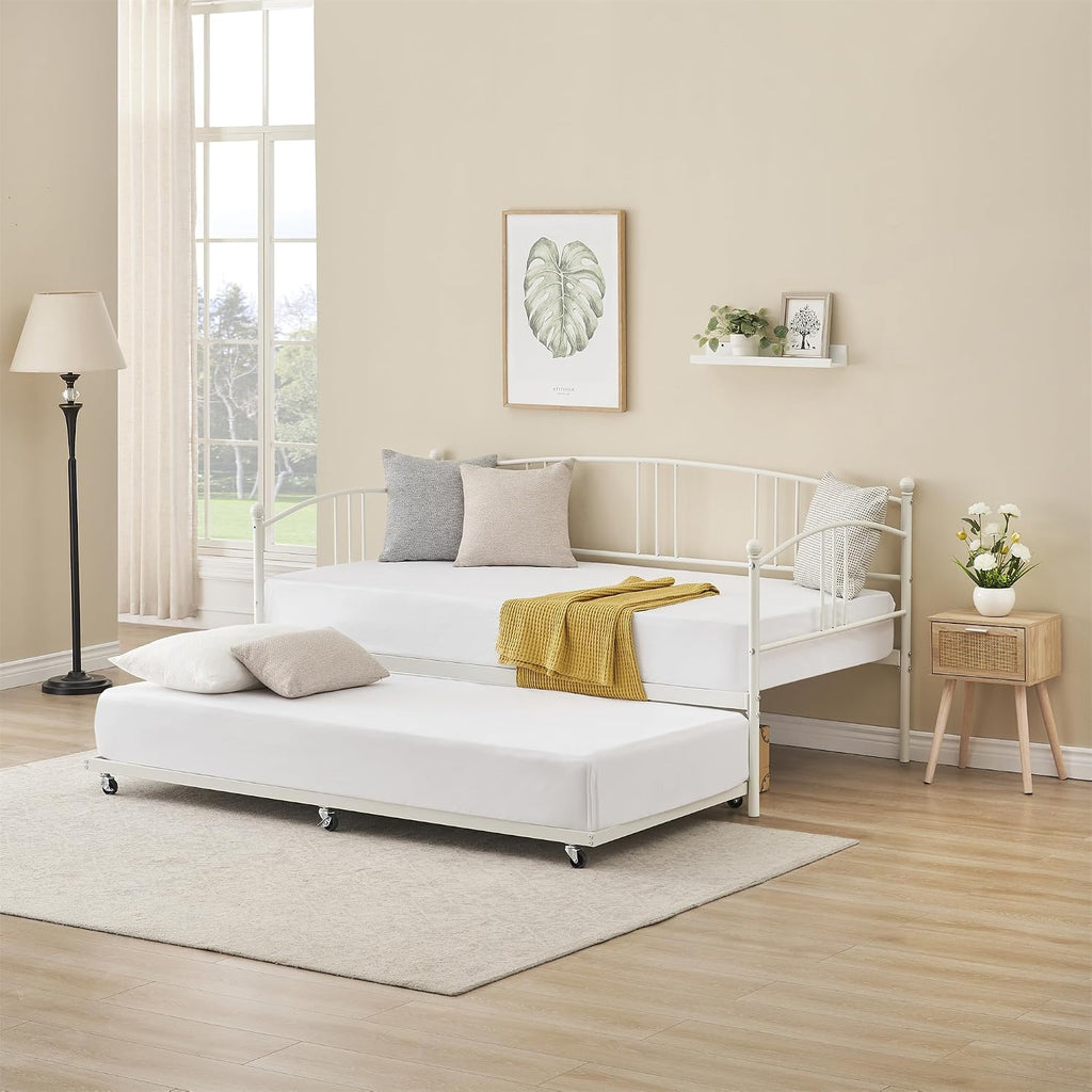 GarveeHome Daybed with Trundle, Sturdy Metal Day Bed with Steel Slat Support, Trundle Bed Twin with Arched Headboard, SofaBed for Living Room, Bedroom and Guest Room, White