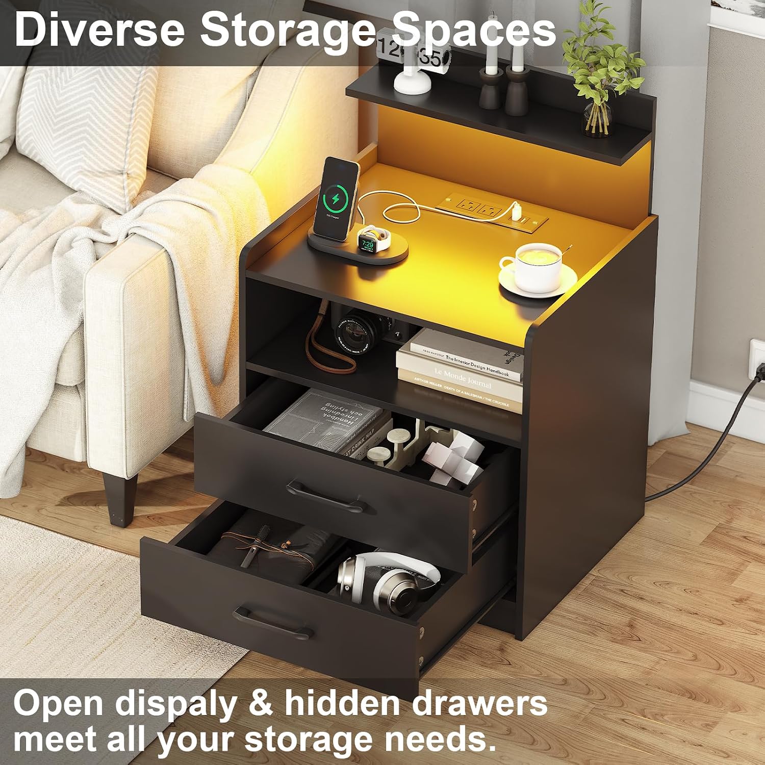 Nightstand Set of 2 with Charging Station and LED Lights, Bedside Table with 2 Drawers and Open Storage Shelf, 2 USB Ports and 2 AC Outlets, LED Night Stands for Bedroom Set of 2, Black