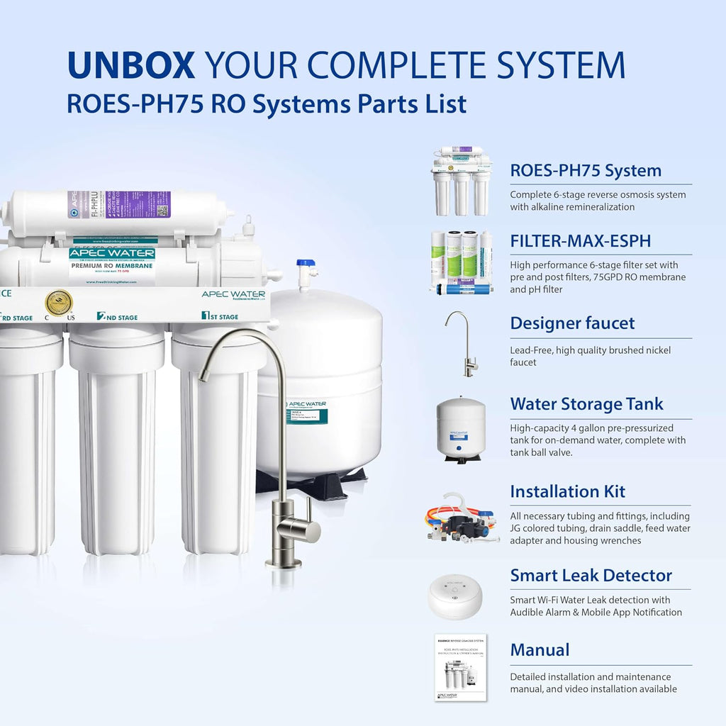 APEC Water ROES-PH75LD 6-Stage Alkaline Under Sink Reverse Osmosis Water Filter System, NSF Certified 372, 75 GPD, Reduces 99% of Impurities