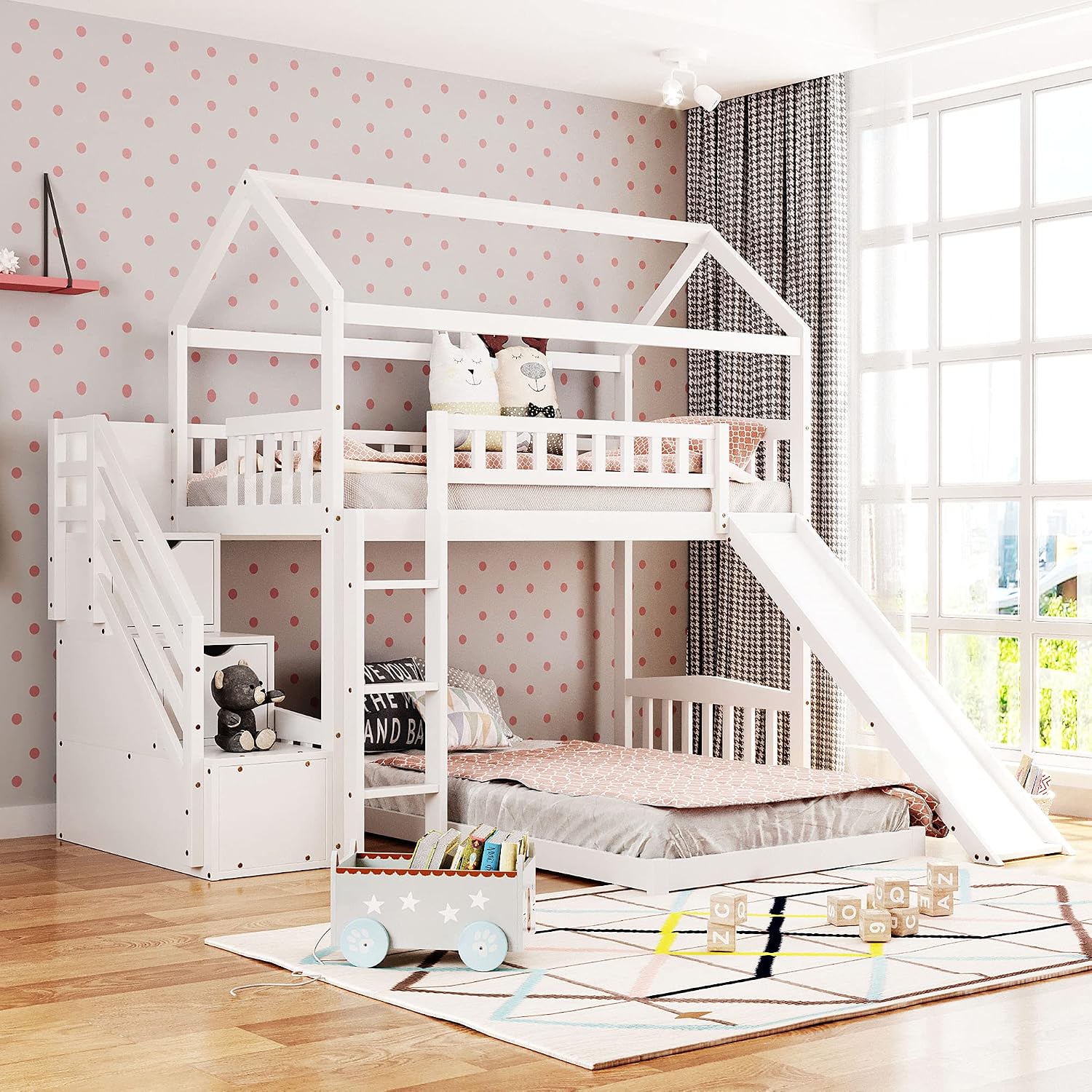 Twin Over Twin Bunk Beds with Slide and Storage Steps, Bunk Bed for Kids Toddlers, Playhouse Farmhouse Roof Guardrail Ladder 2 Drawers, for Girls/Boys, No Spring Box Required (White+Storage Steps)