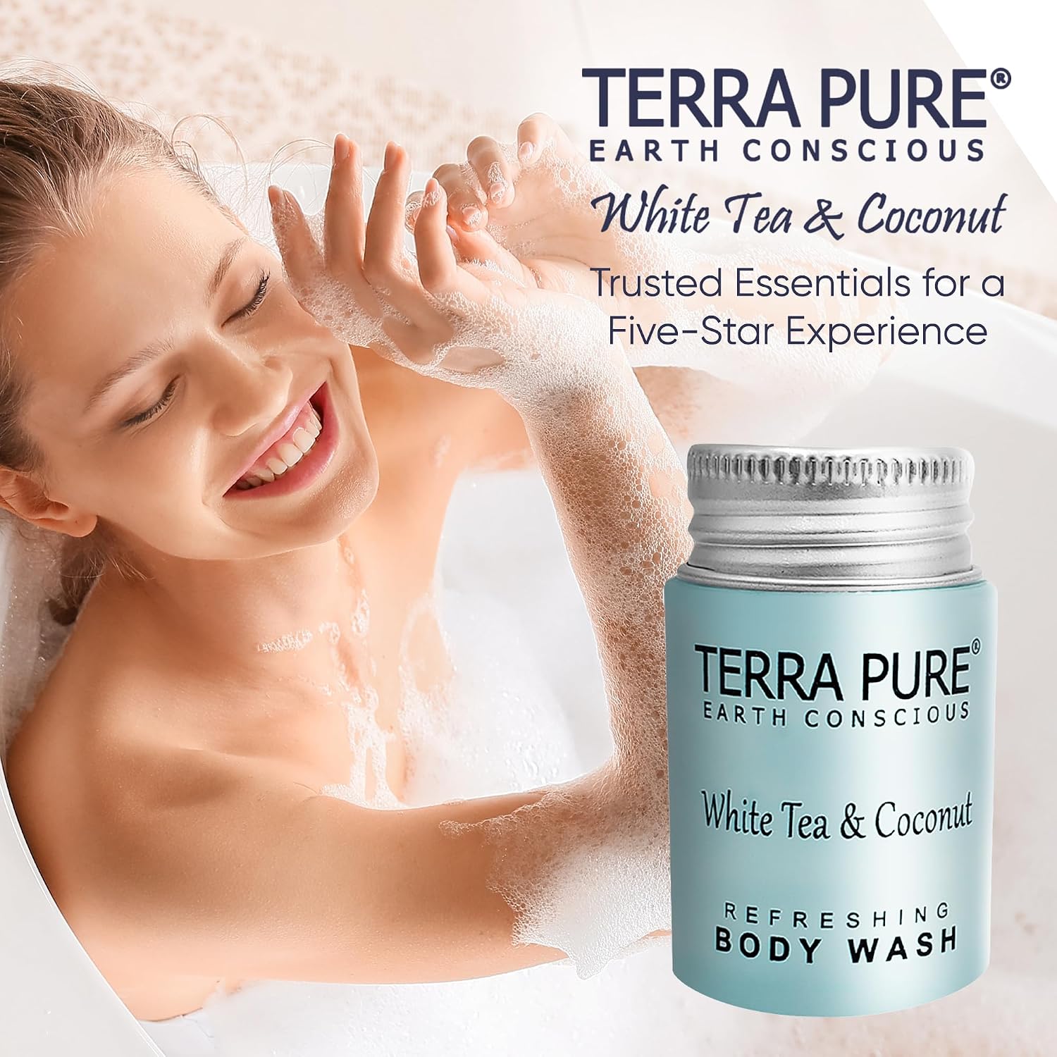 Travel Size Hotel Body Wash 300 Count 1 oz Bottles Guest Amenities for Hotels Vacation Rentals & Short Term Rentals Paraben Free White Tea & Coconut Scent Infused with Aloe and Olive Oil by Terra Pure