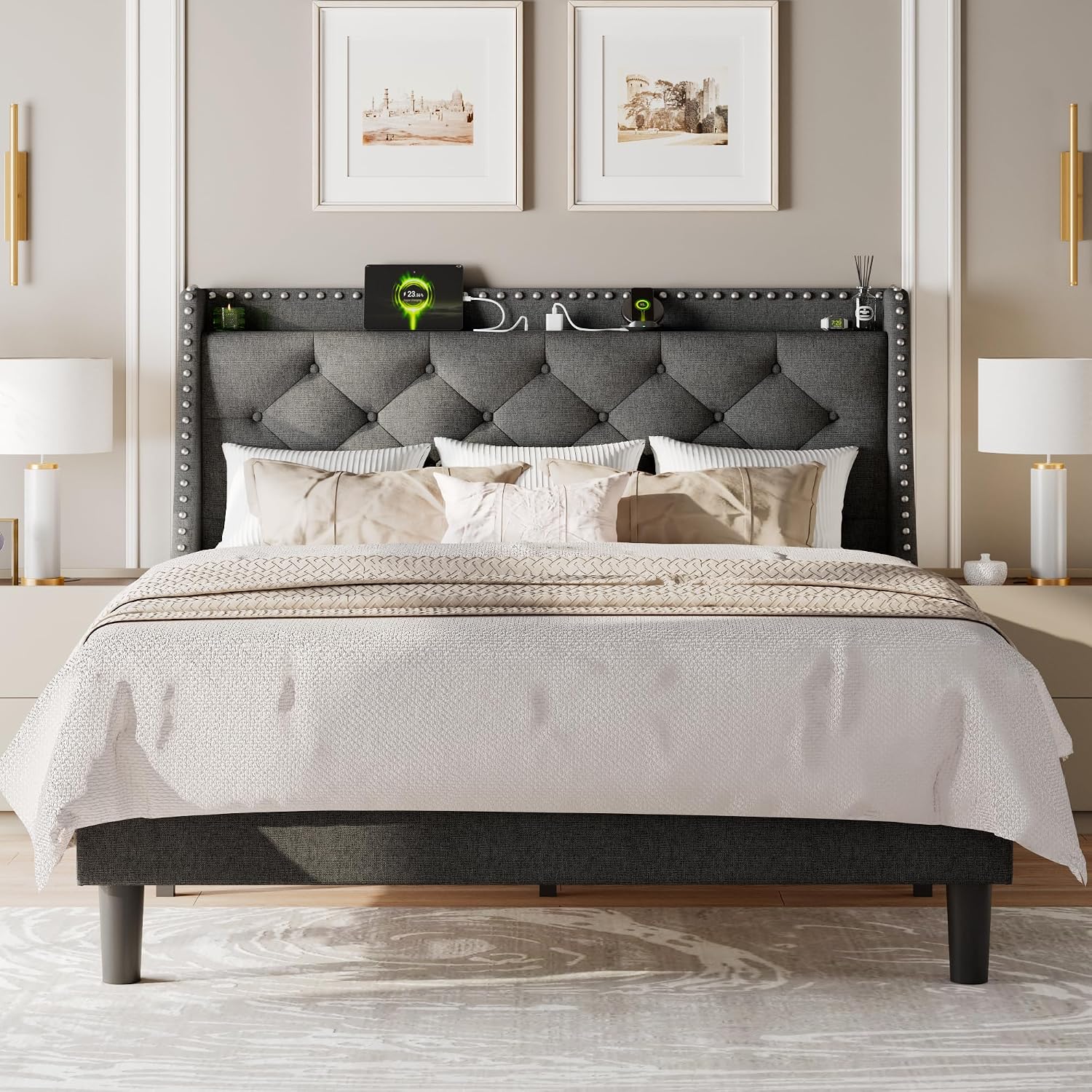 Feonase Queen Bed Frame with Luxury Wingback and Fast Charging Station,Upholstered Button Tufted Storage Headboard Queen Platform Bed,Sturdy Wooden Slats Support,Noise-Free,Easy Assembly,Dark Gray