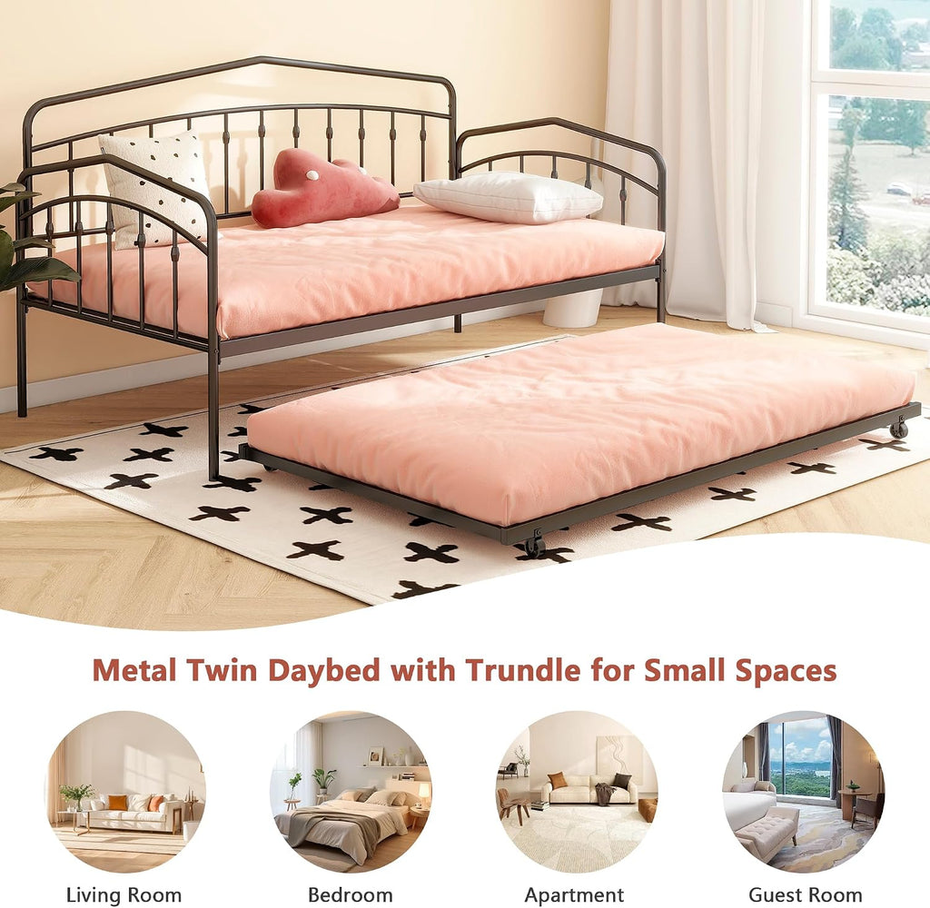 mikibama Twin Daybed with Trundle,Victorian Metal Daybeds with Pull Out Trundle,Vintage Guest Day Bed Frame Twin Size for Living Room,Bedroom,Apartment (Victorian Black with Trundle)