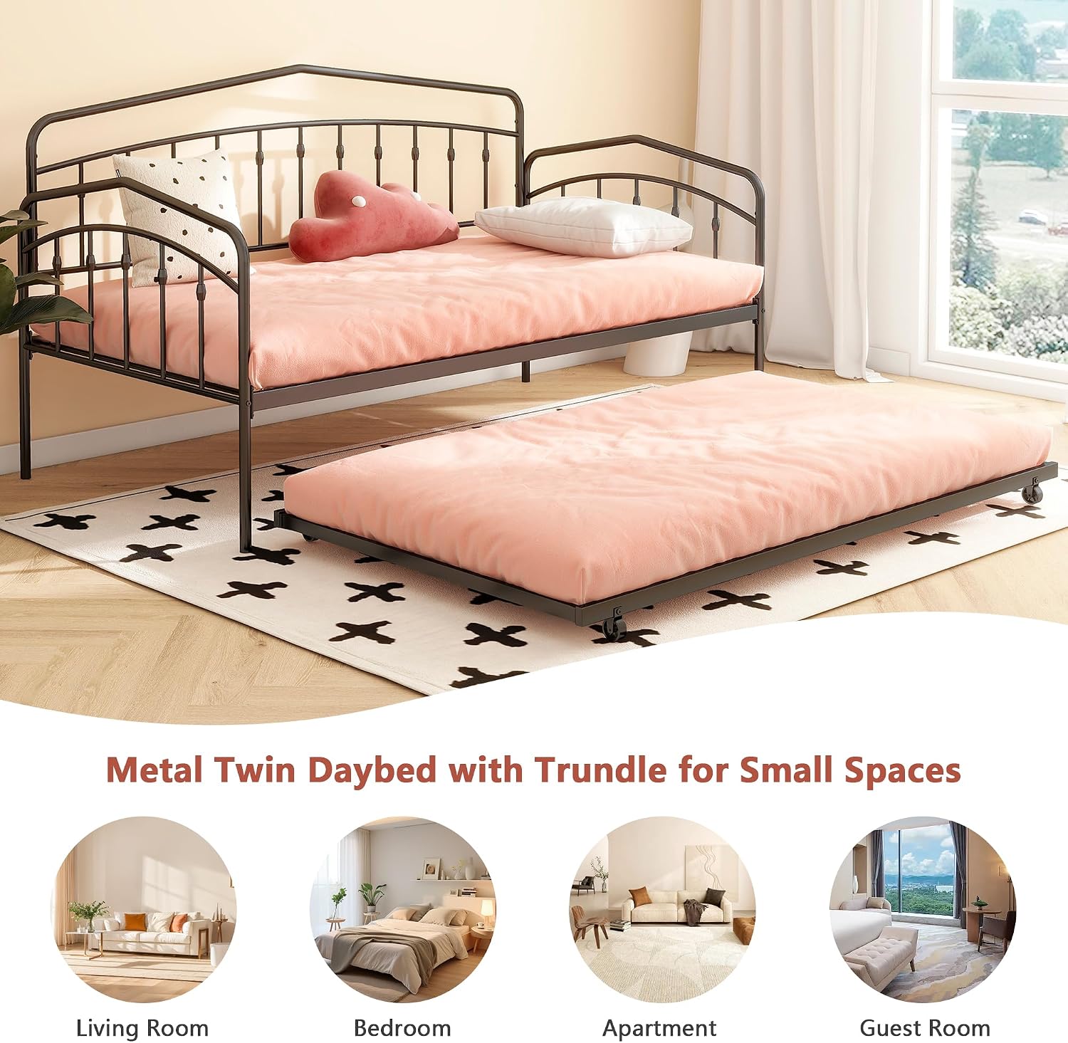 mikibama Twin Daybed with Trundle,Victorian Metal Daybeds with Pull Out Trundle,Vintage Guest Day Bed Frame Twin Size for Living Room,Bedroom,Apartment (Victorian Black with Trundle)