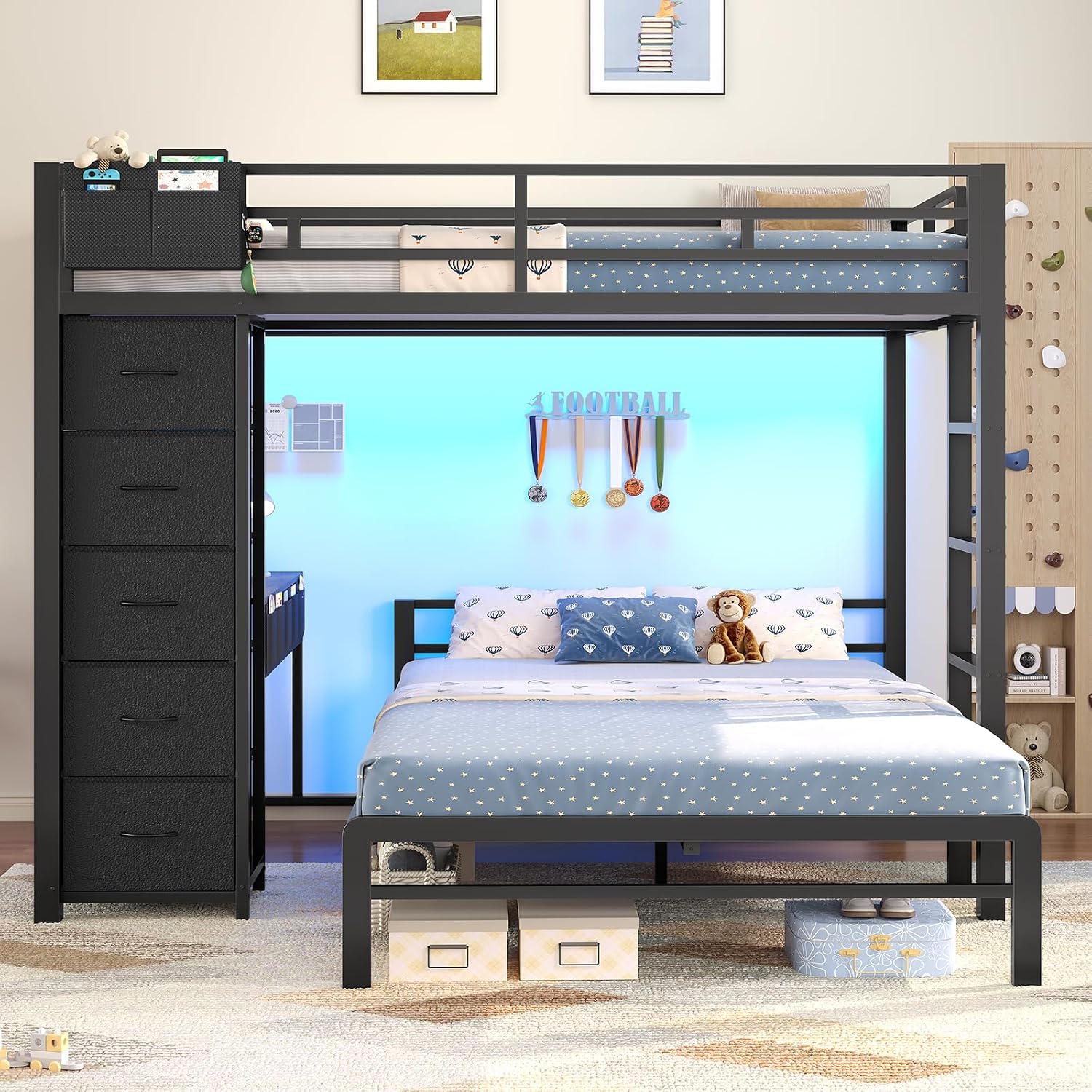 BTHFST Bunk Bed with Desk, Full Over Full Bunk Beds with 5 Storage Drawers & Charging Station, Full Size Bunk Bed with LED Lights & Safety Guardrail for Kids/Teens, Black