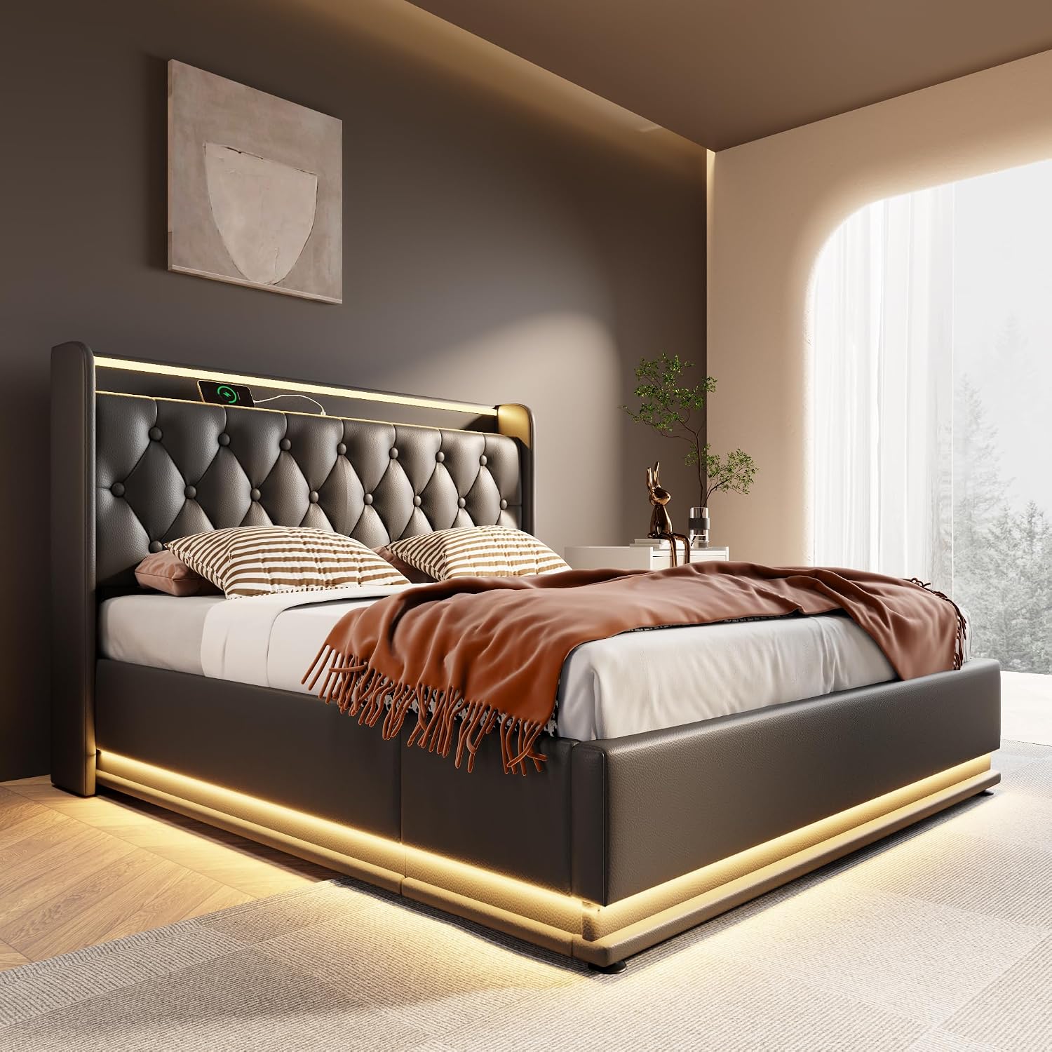 Twin Size Upholstered Bed Frame with 360° LED Lights, Hydraulic Storage, USB Charging, Modern Platform Bed with Headboard, Remote App Control for Teen, Guest Room, Small Space (Black + Full)