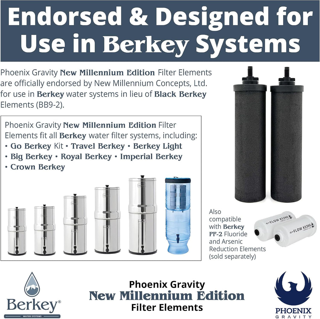 Berkey - Phoenix Gravity New Millennium Edition Water Filter Elements (Set of 2) - NMCL Endorsed Replacement in Lieu of Black Berkey Elements BB9-2