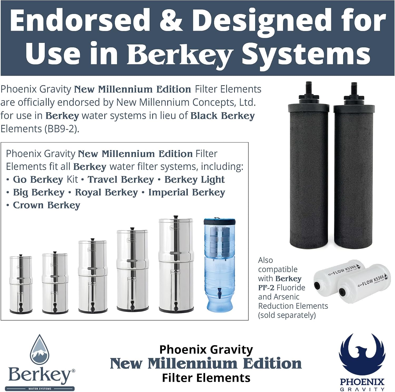 Berkey - Phoenix Gravity New Millennium Edition Water Filter Elements (Set of 2) - NMCL Endorsed Replacement in Lieu of Black Berkey Elements BB9-2