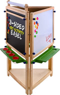 U.S. Art Supply Three Sided Art Station, Wooden Activity Easel with Paper Roll & Shelf - Easel for Drawing, Magnetic Whiteboard, Chalkboard Artist Station & Plastic Paint Cups