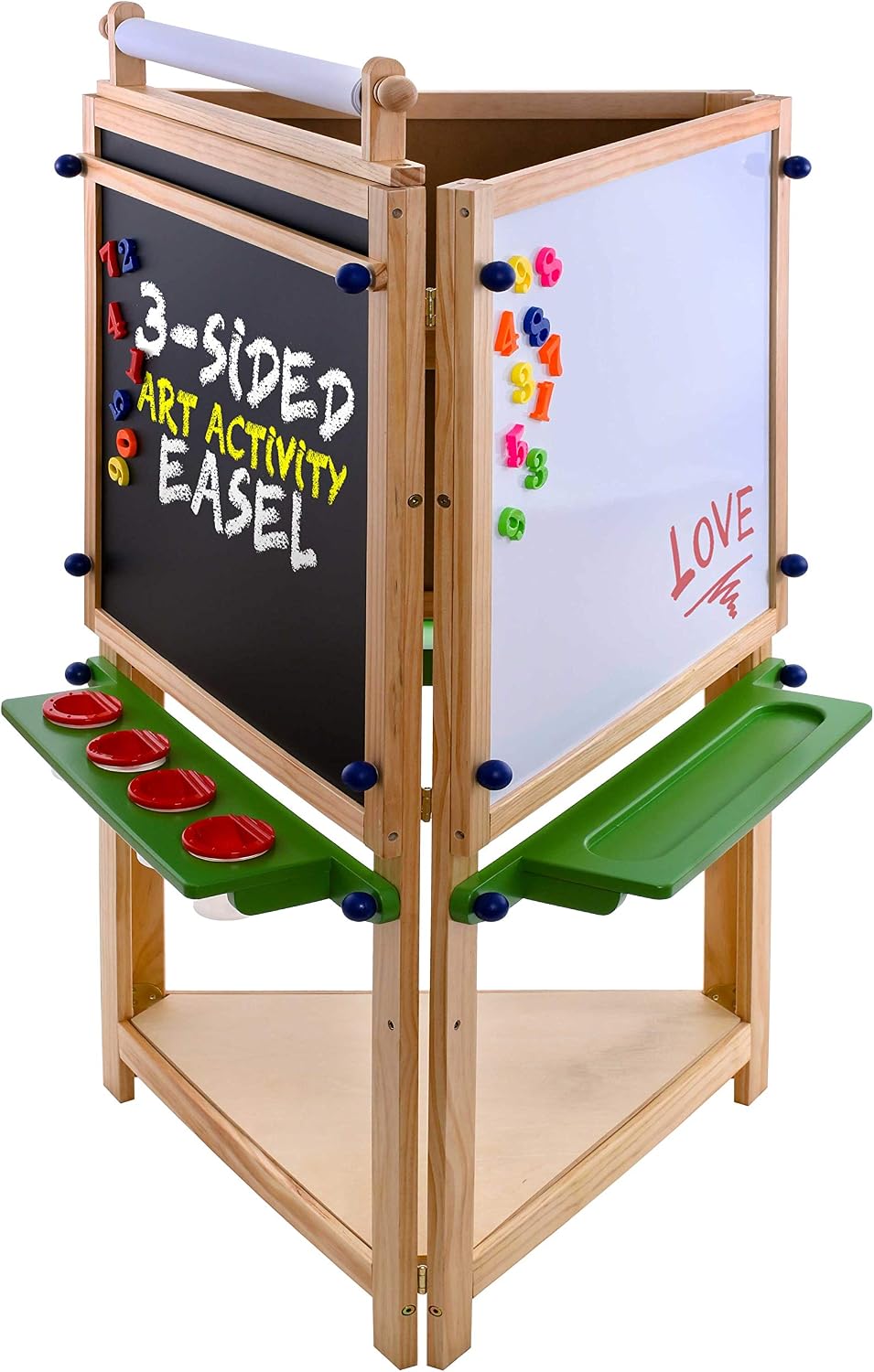 U.S. Art Supply Three Sided Art Station, Wooden Activity Easel with Paper Roll & Shelf - Easel for Drawing, Magnetic Whiteboard, Chalkboard Artist Station & Plastic Paint Cups
