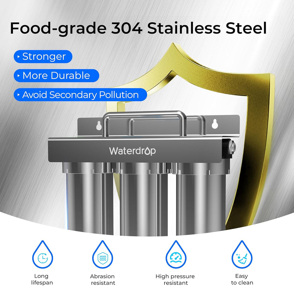 Waterdrop TST-B 0.01 Micron Ultra Filtration Under Sink Water Filter, 3-Stage Stainless Steel Under Sink Water Filtration System with Dedicated Faucet, Removes Chlorine, Taste&Odor (Drilling Required)