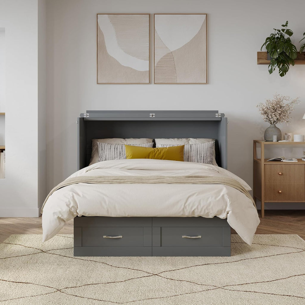 AFI, Monroe Full Murphy Bed Chest with 6' Mattress, Storage Drawer & Built-in USB Charger, Grey
