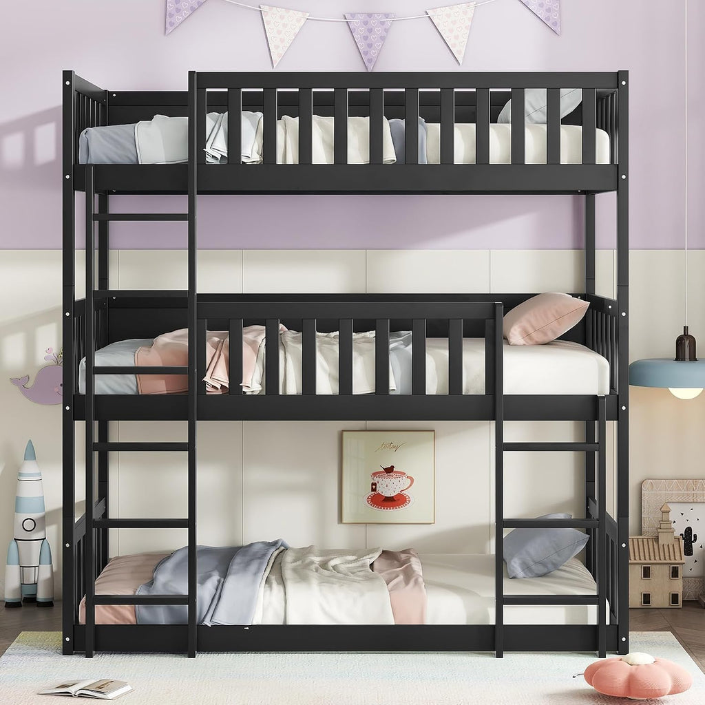 Twin Size Triple Rubber Wood Bunk Bed, Detachable Bunk Bed with Ladders, Guardrails, Twin Over Twin Over Twin for Kids, Black