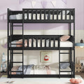 Twin Size Triple Rubber Wood Bunk Bed, Detachable Bunk Bed with Ladders, Guardrails, Twin Over Twin Over Twin for Kids, Black