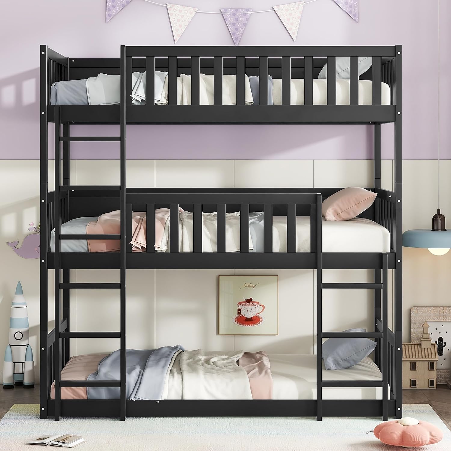 Twin Size Triple Rubber Wood Bunk Bed, Detachable Bunk Bed with Ladders, Guardrails, Twin Over Twin Over Twin for Kids, Black