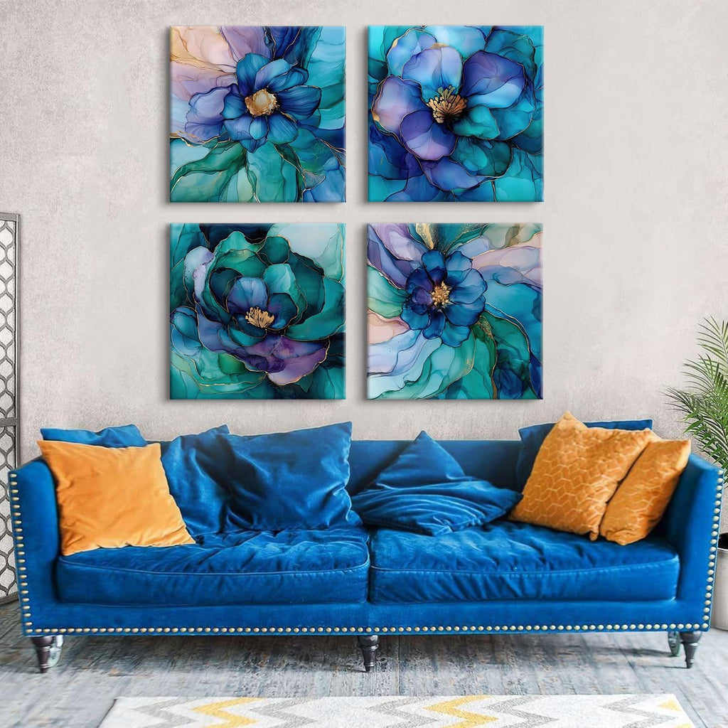 Abstract Wall Art Teal Blue and Gold Pictures Wall Decor Turquoise Floral Painting Colorful Flower Canvas Prints Poster Modern Abstract Artwork for Bedroom Living Room Home Decoration 24x24' 4Pcs