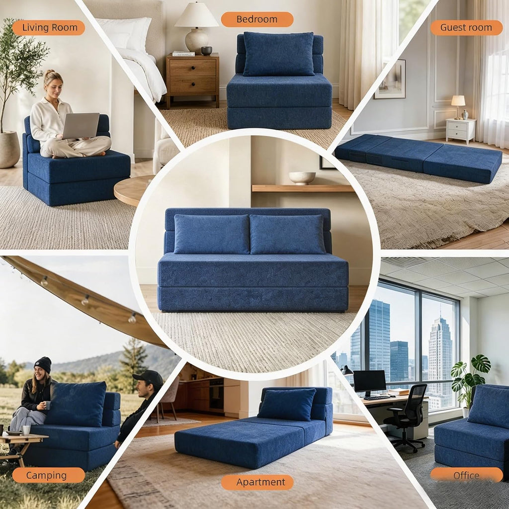 Folding Sofa Bed, Convertible Sleeper Chair with Pillow, Loveseat Fold Out Chair Bed, Memory Foam Floor Couch Mattress, Foldable Futon Couch Lounge for Living Room Guest (Blue, Twin XL)