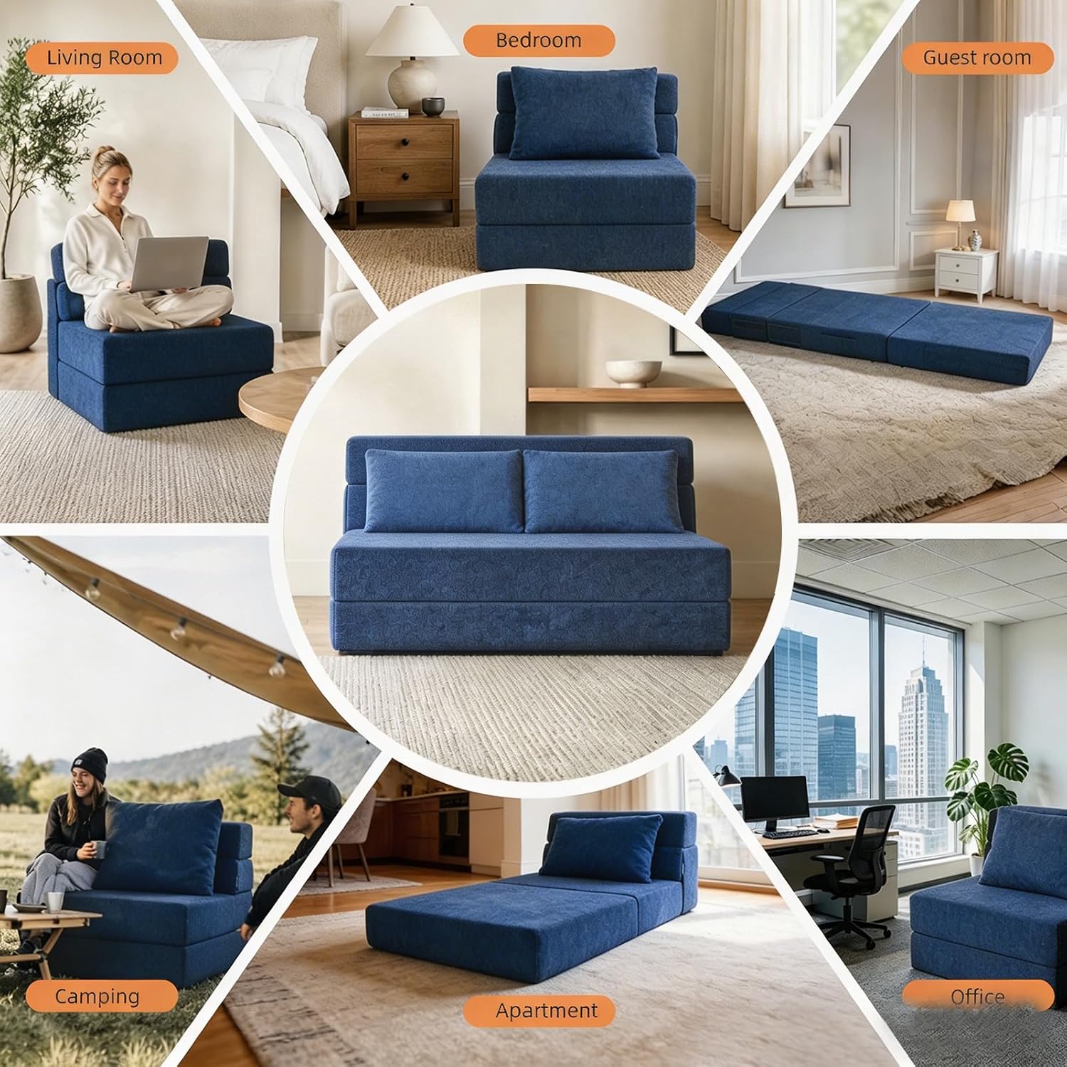 Folding Sofa Bed, Convertible Sleeper Chair with Pillow, Loveseat Fold Out Chair Bed, Memory Foam Floor Couch Mattress, Foldable Futon Couch Lounge for Living Room Guest (Blue, Twin XL)