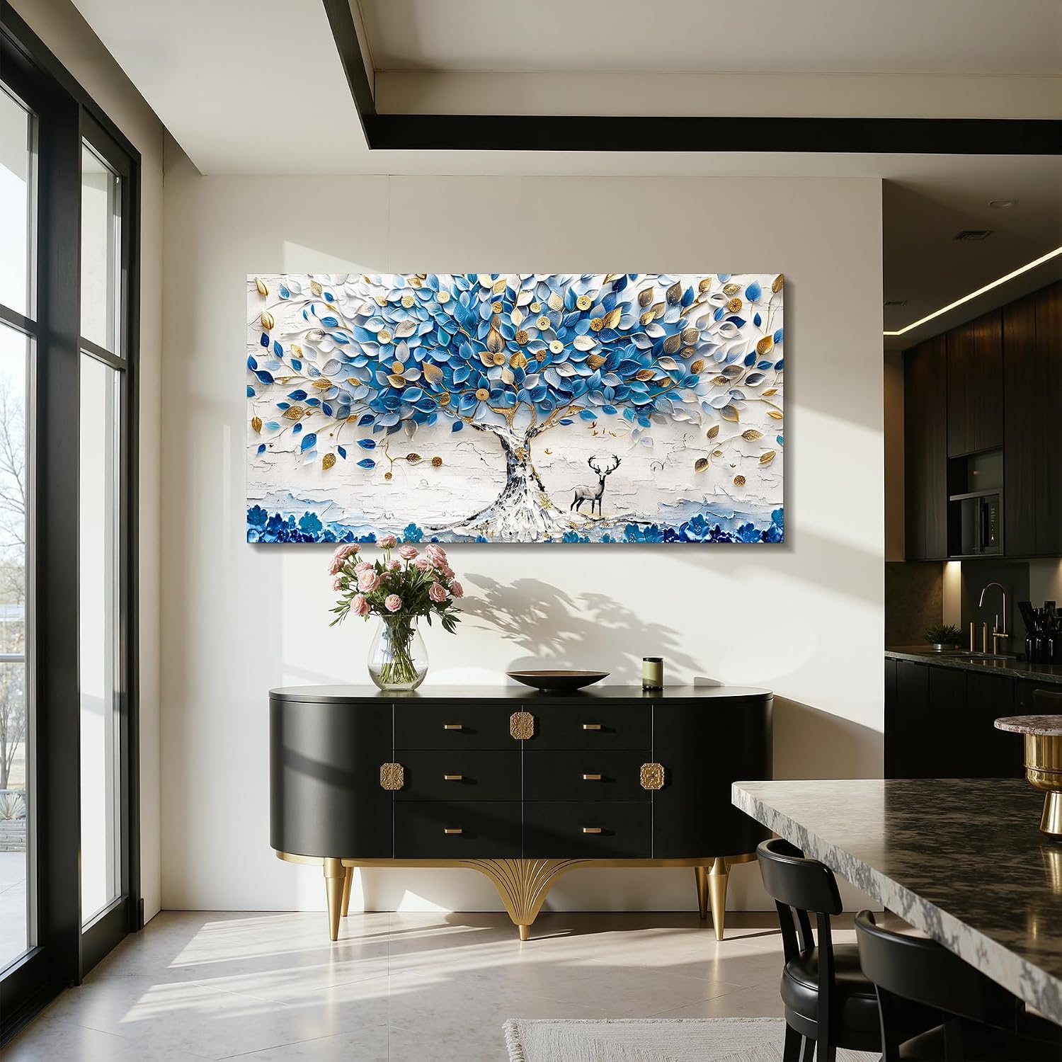 imjiayu Oversized Wall Art, Tree of Life Wall Art, Abstract Art Wall Decor, Blue and White Money Tree Canvas Prints, Modern Extra Large Pictures for Living Room Dining Room Office Hotel 29'x57'