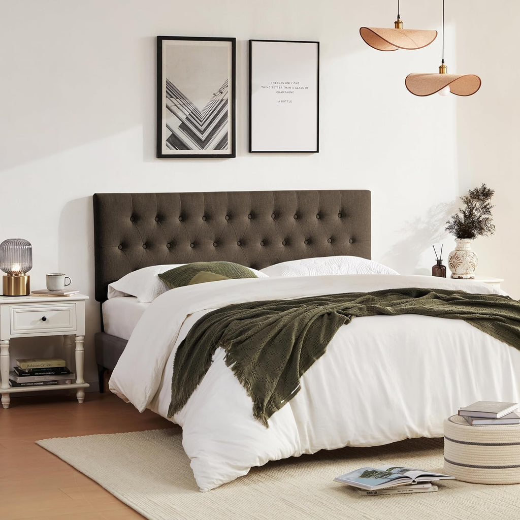 Huatean Home Tufted Upholstered Headboard Full Size, Solid Wood Head Board with Durable Metal Legs, Adjustable Height Bed headboard from 37' to 51' Fabric Headboard in Modern Button Design, Chocolate