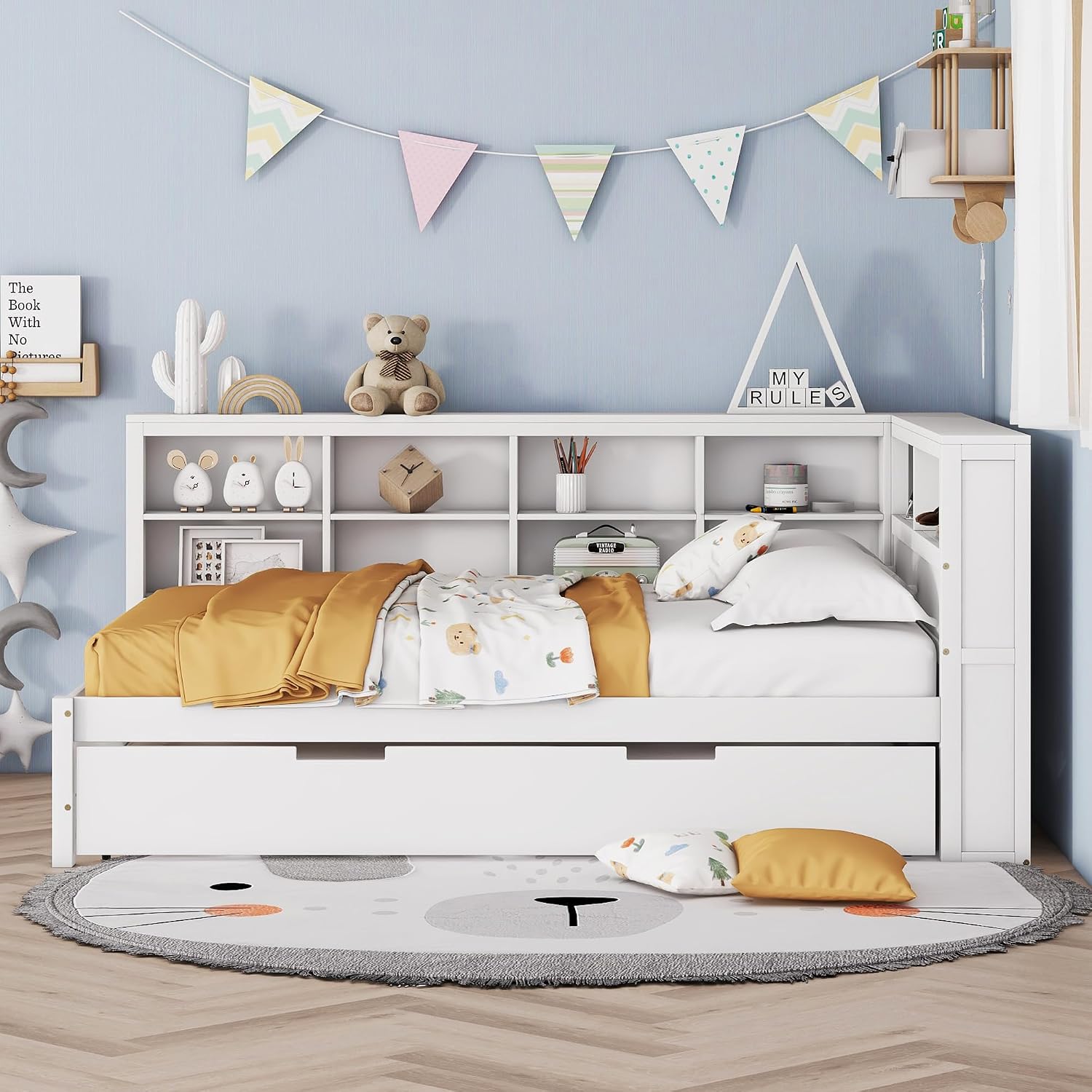 Modern Full Size Daybed with Trundle, Solid Wood Captain Platform Bed with Storage Cabinets and USB Ports, Low Floor Bed for Kids Teens Adult Bedroom, Easy Assembly (White-FF025)
