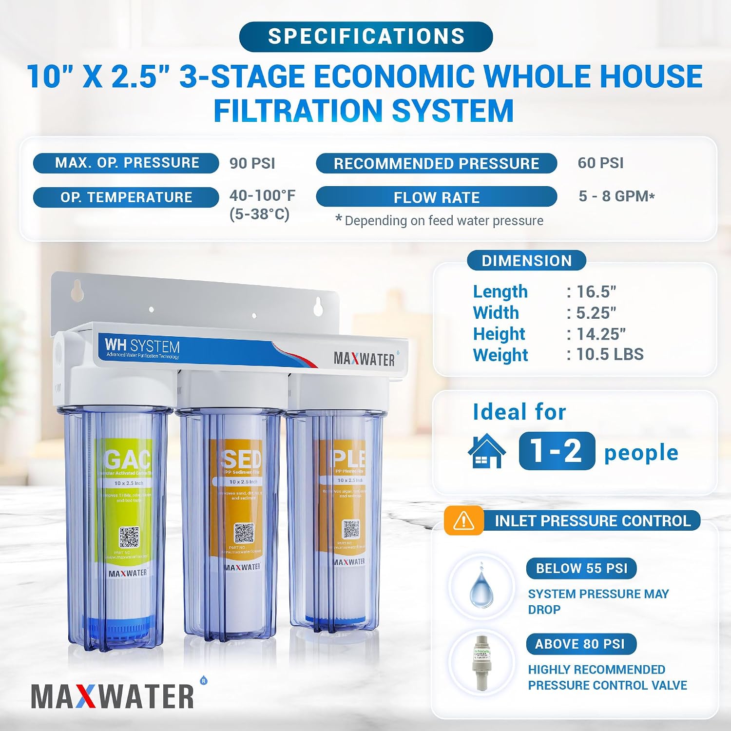 Max Water 3 Stage (Good for City & Cottage Water) 10 inch Standard Water Filtration System for Whole House - Pleated Sediment + Sediment + GAC - ¾ Inlet/Outlet - Model : WH-SC7