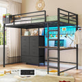 Twin Loft Bed with L-Shaped Desk, 7 Storage Drawers, Metal Loft Bed Twin Size with LED Lights and Charging Station, Storage Shelf and Pegboard, Safety Guardrail and Ladder, No Box Spring Needed, Black