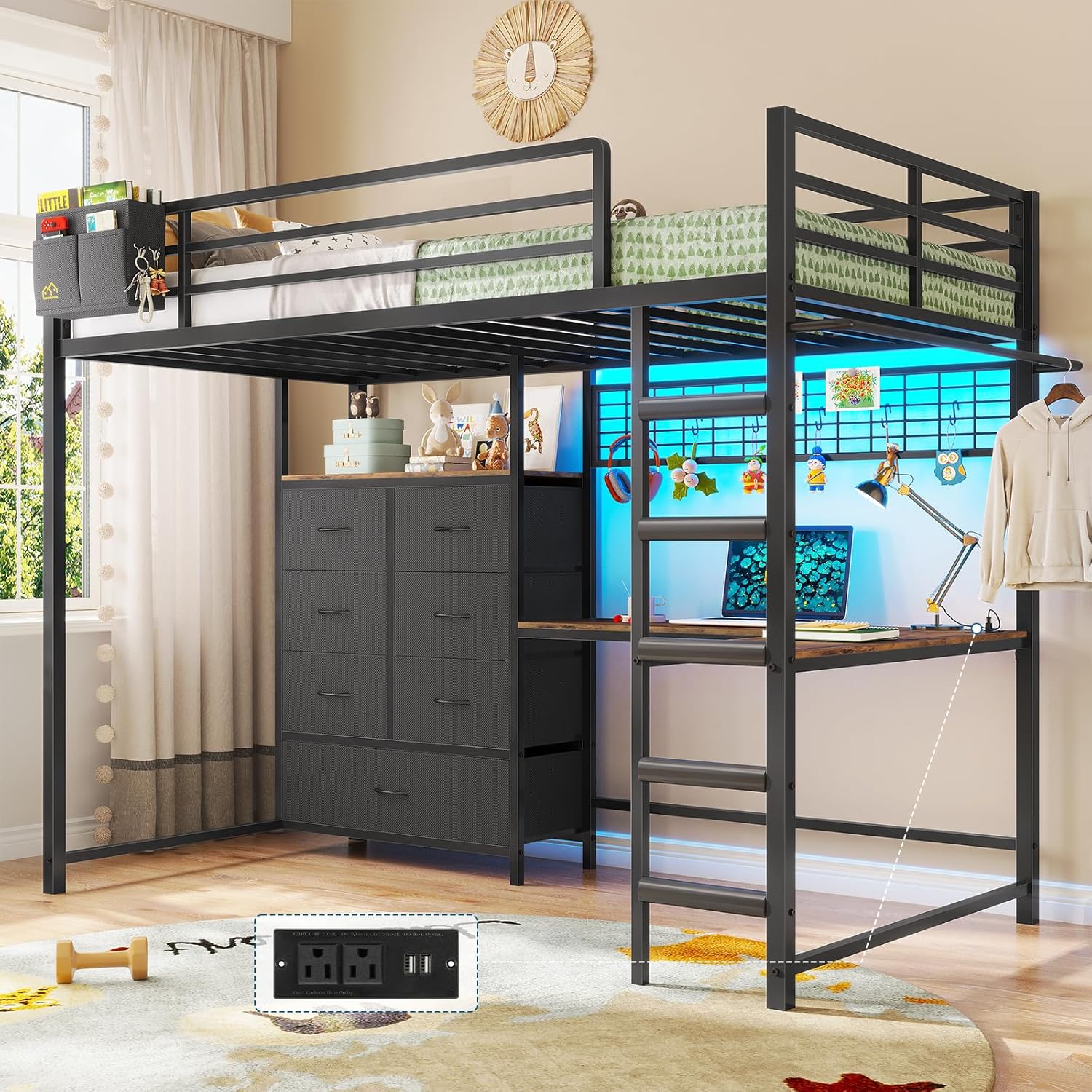 Twin Loft Bed with L-Shaped Desk, 7 Storage Drawers, Metal Loft Bed Twin Size with LED Lights and Charging Station, Storage Shelf and Pegboard, Safety Guardrail and Ladder, No Box Spring Needed, Black