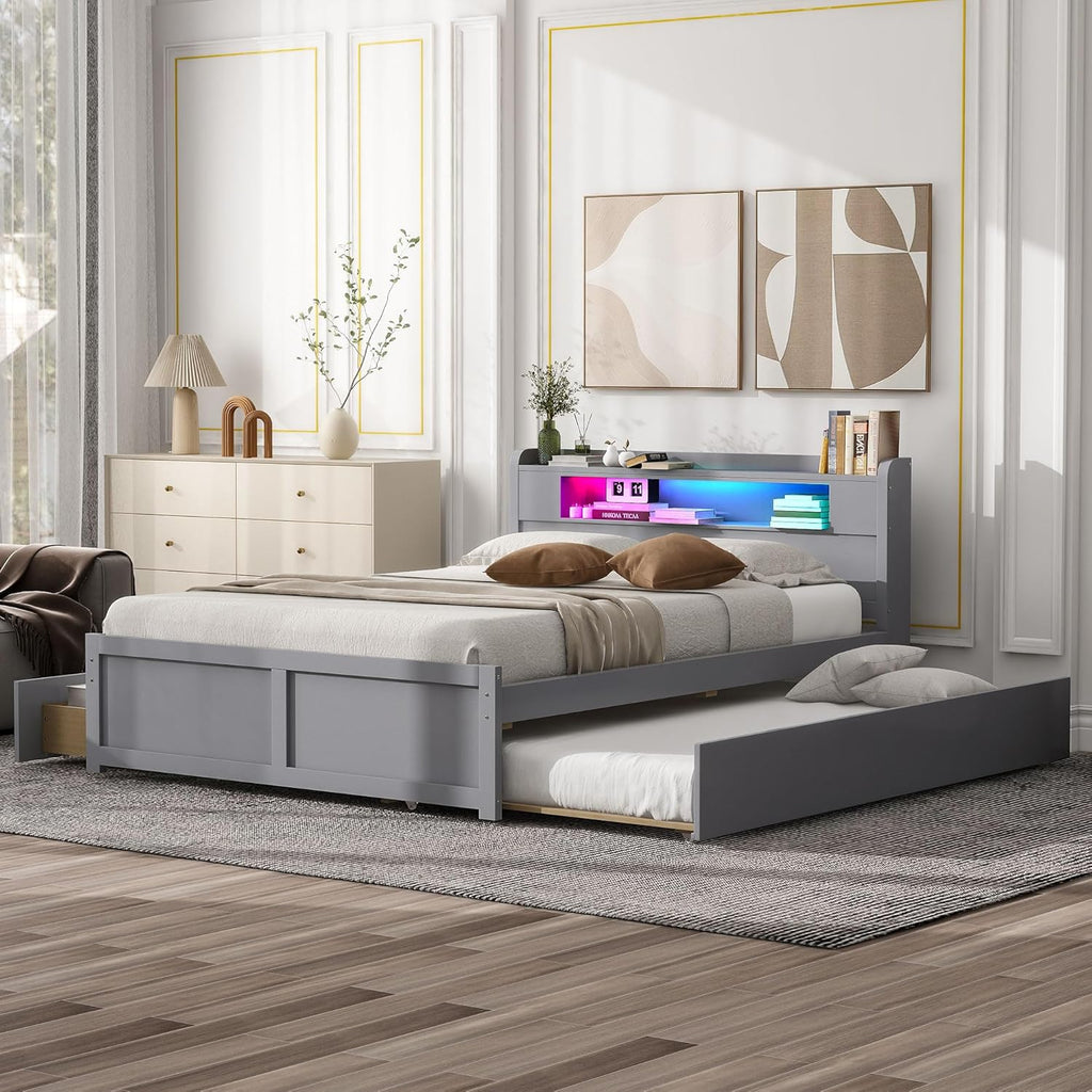 Merax Queen Size Platform Bed Frame with 2 Drawers and Twin Size Trundle, Gray Queen Bed Frame with Headboard, No Box Spring Needed
