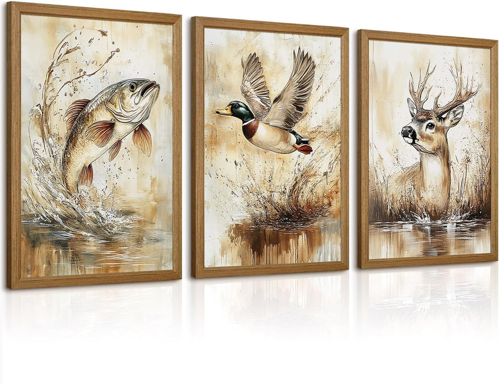 Vintage Animal Wall Art Baby Boy Room Canvas Wall Decor Farmhouse Animal Posters Kids Nursery Hunting Art Prints Rustic Deer Fish Pictures Mallard Duck Painting for Bedroom 24x36x3 Inch Framed