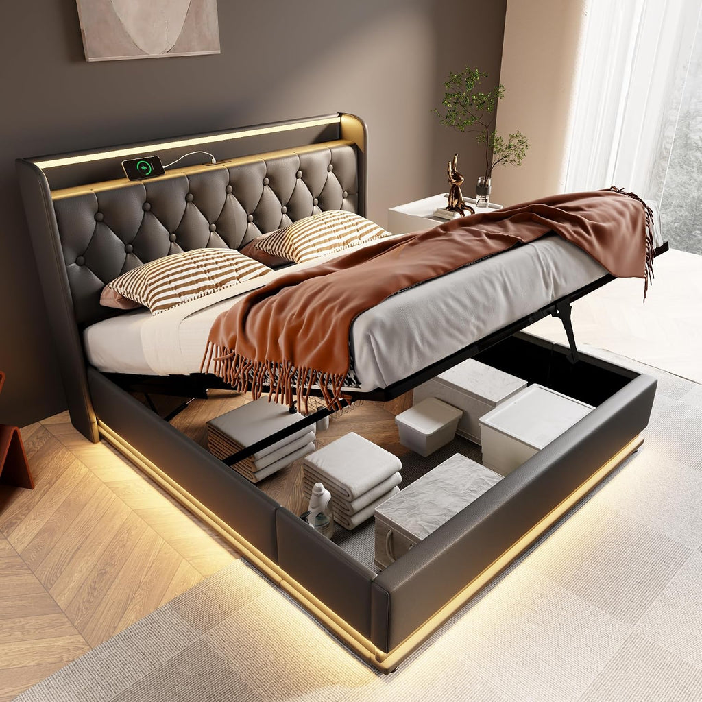 Twin Size Upholstered Bed Frame with 360° LED Lights, Hydraulic Storage, USB Charging, Modern Platform Bed with Headboard, Remote App Control for Teen, Guest Room, Small Space (Black + Queen)