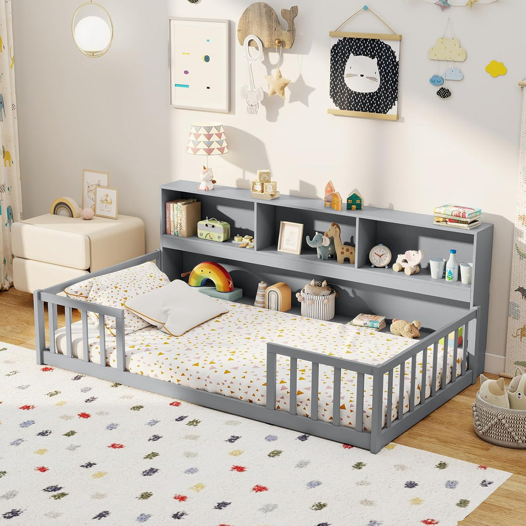 BECOMFORT Twin Floor Bed for Kids, 2-in-1 Kids Twin Floor Bed Frame with Bedside Bookcase & Safety Guardrails, Montessori Bed for Boys Girls