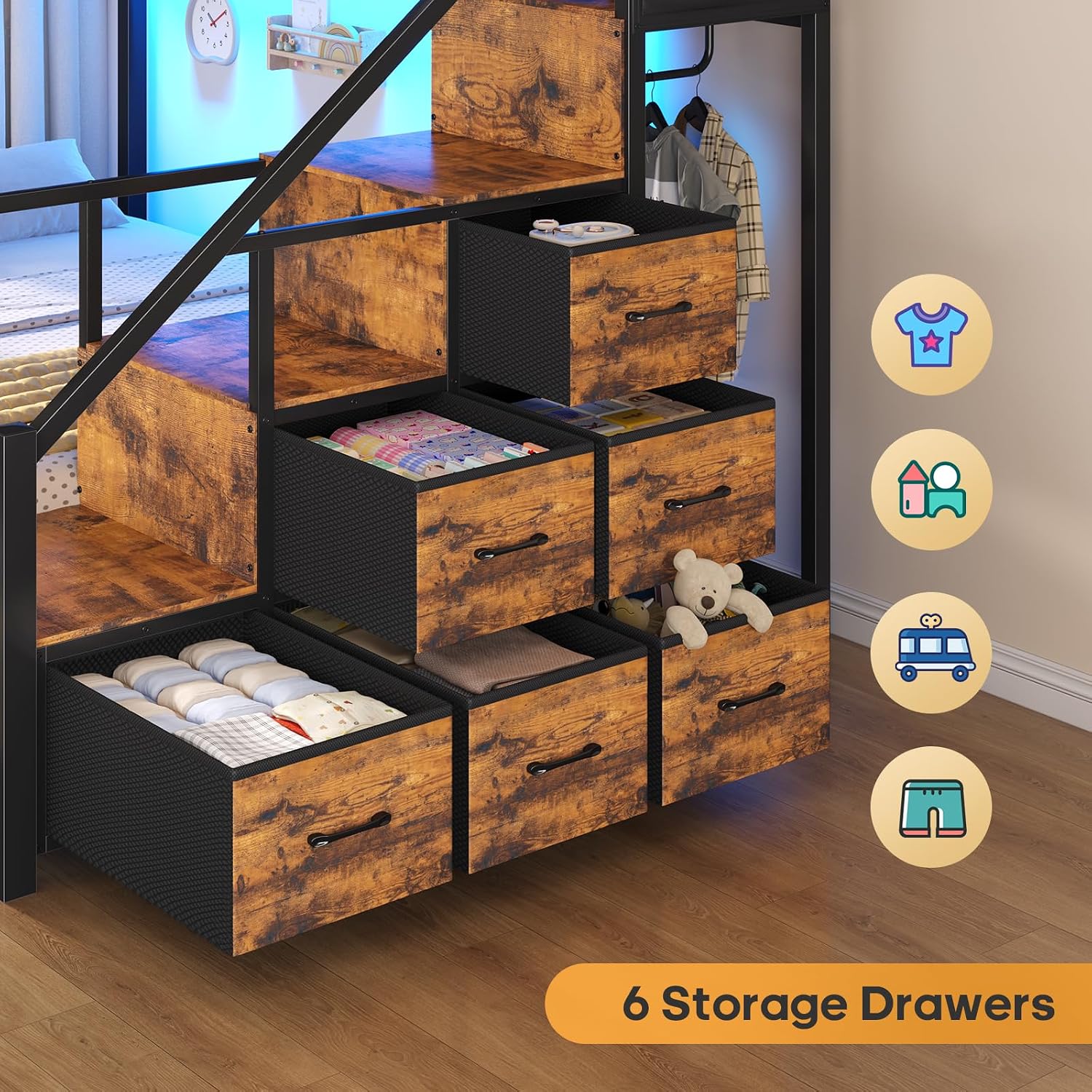 BTHFST Bunk Bed Full Over Full with Stairs, LED Lights Full Bunk Beds with 2 Storage Drawers & 6 Fabric Drawers, Metal Full Loft Beds with Safety Guardrail & Stairs, Space Saving, Rustic Brown