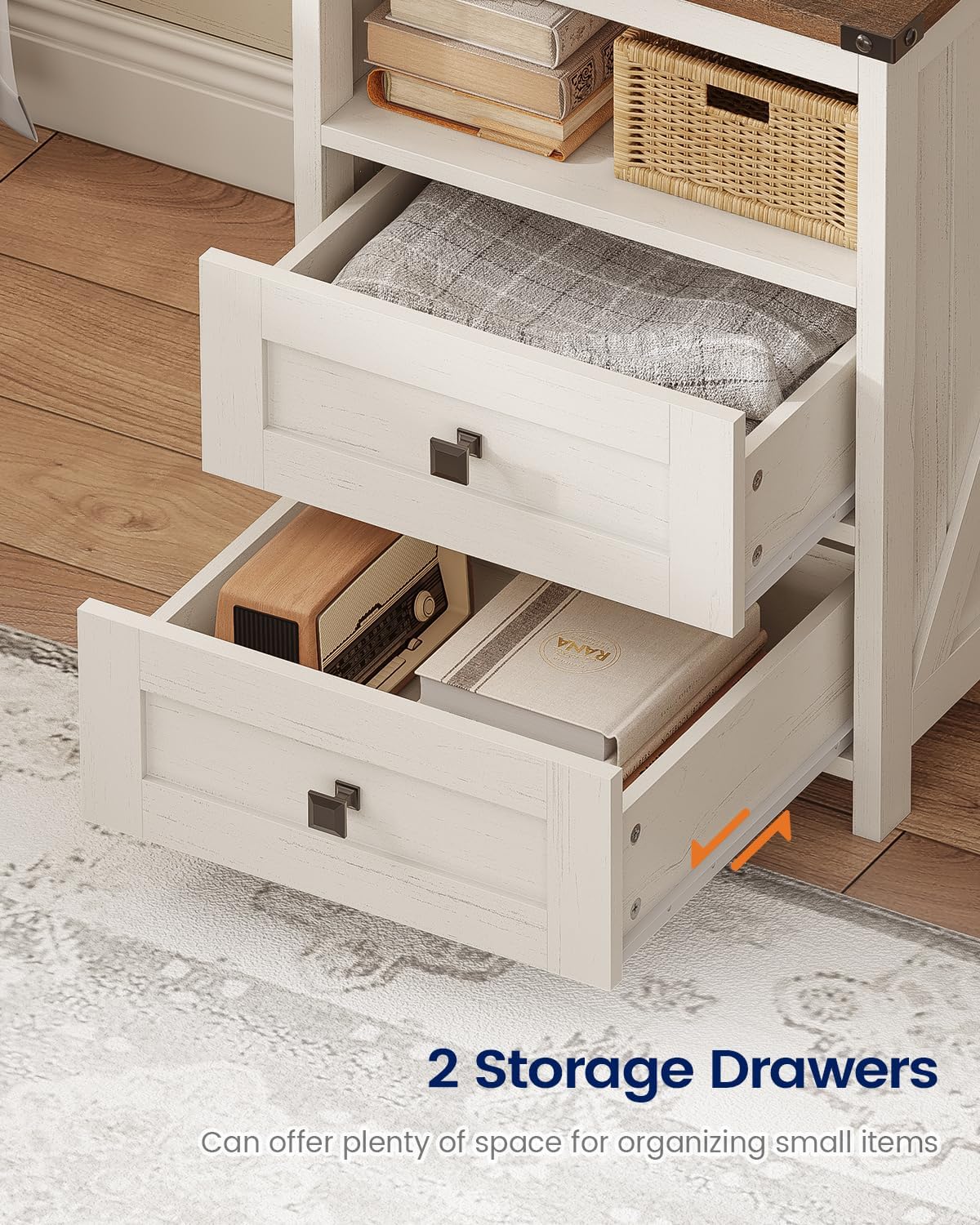Farmhouse Tall Nightstand Set of 2 with Charging Station and 2 Drawers,Led White Night Stand Set of 2 with Bookshelf,Bedside End Side Table with Storage Shelves for Bedroom,Antique White