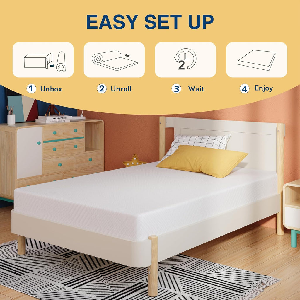 MLILY Kids Full Mattress, 6 Inch Green Tea Gel Cooling Memory Foam, Medium Firm, White