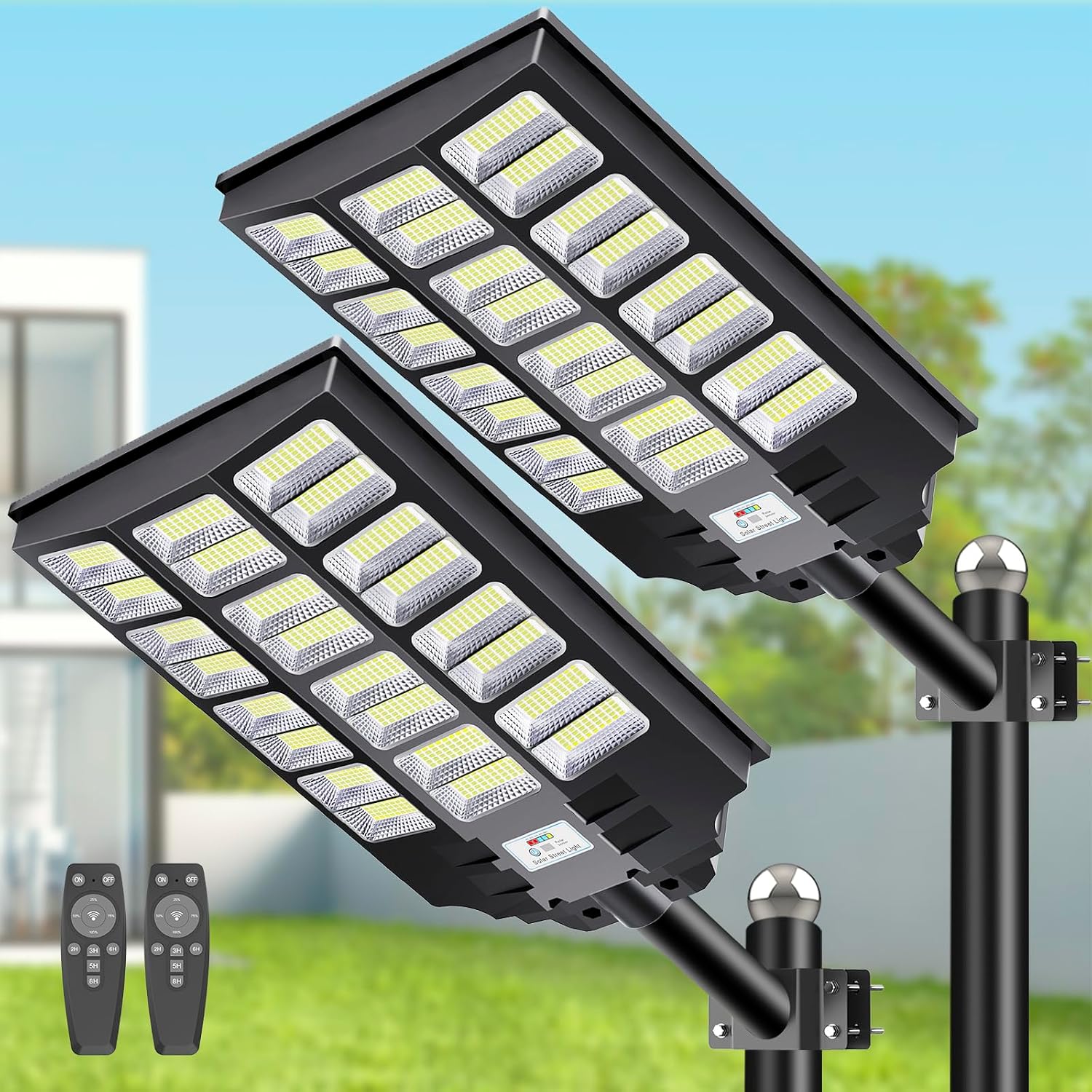 VOOJOY 8000W Solar Street Lights Outdoor Waterproof, Dusk to Dawn Solar Lights Outdoor with Motion Sensor and Remote Control for Yard, Parking Lot, Garage, Street, 2 Pack