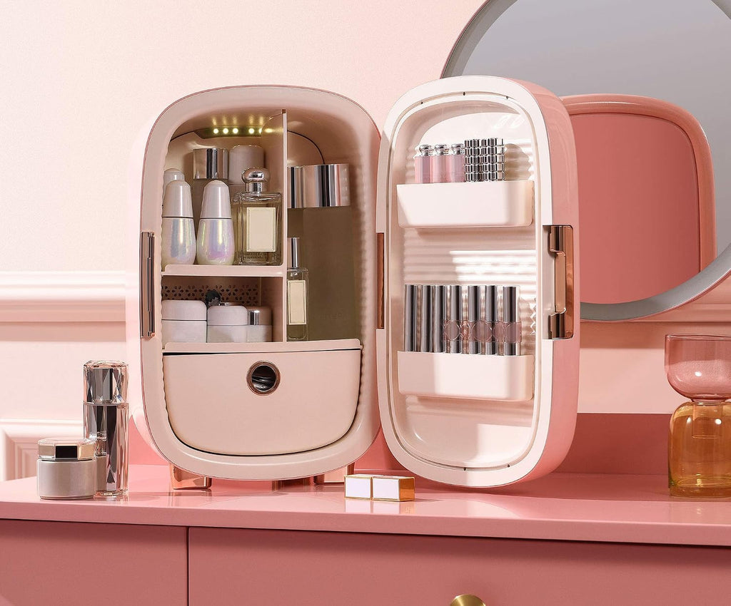 Cooluli Beauty 12L Makeup Fridge - Pink Mini Fridge for Skin Care Accessories, Cosmetics and Facial Masks Storage - Interior LED Lights - for Women & Teen Girls Room