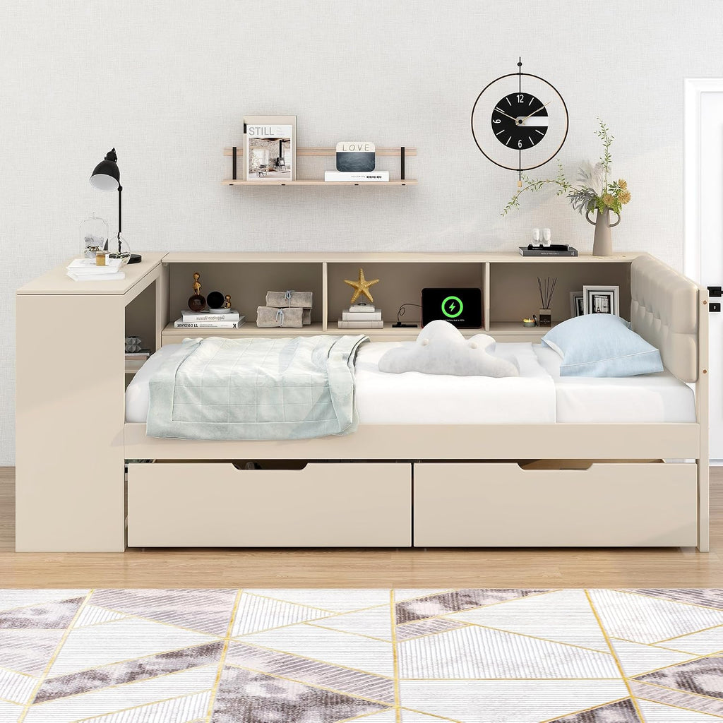 Twin Size Platform Bed with Storage Shelves and Study Desk, Wood Daybed Frame with Upholstered Headboard and 2 Drawers for Office/Living Room/Bedroom, Maximize Space